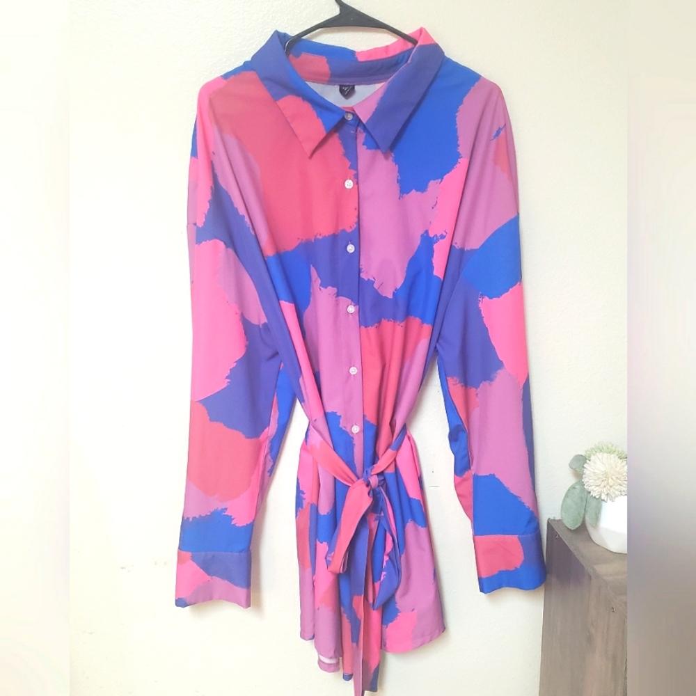 Plus Colorblock Button Front Belted Shirt Dress